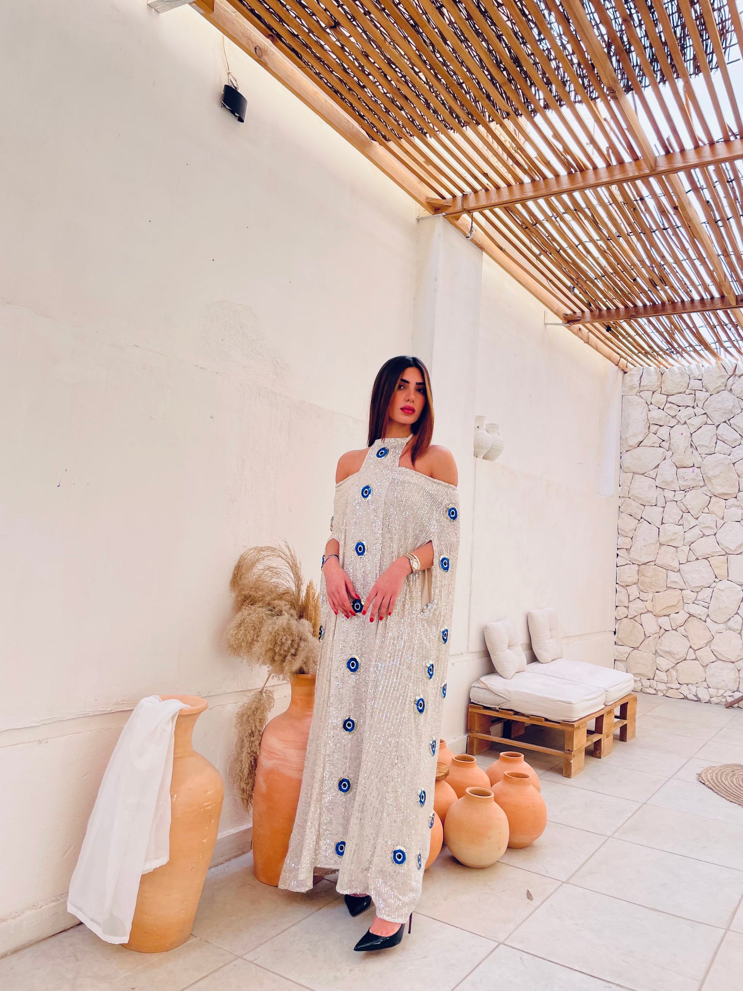 Sequined Off Shoulder Kaftan Dress