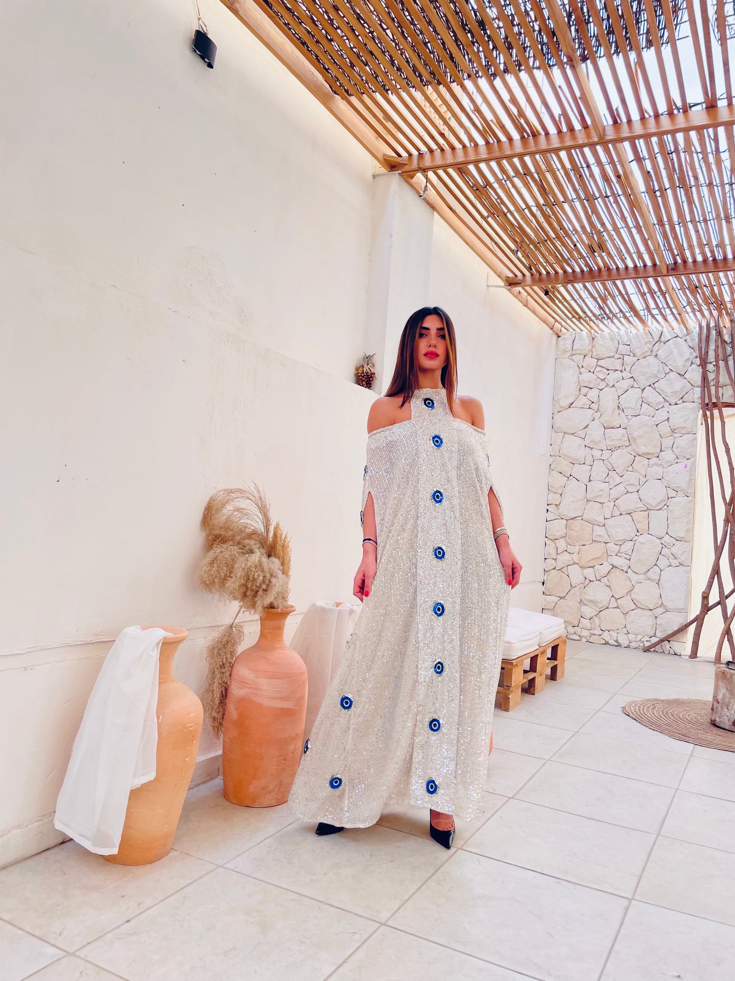 Sequined Off Shoulder Kaftan Dress