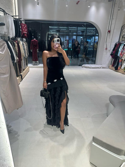 Strapless Velvet Ruffle Dress