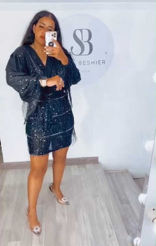 Black Tassle Sequin Mini Skirt