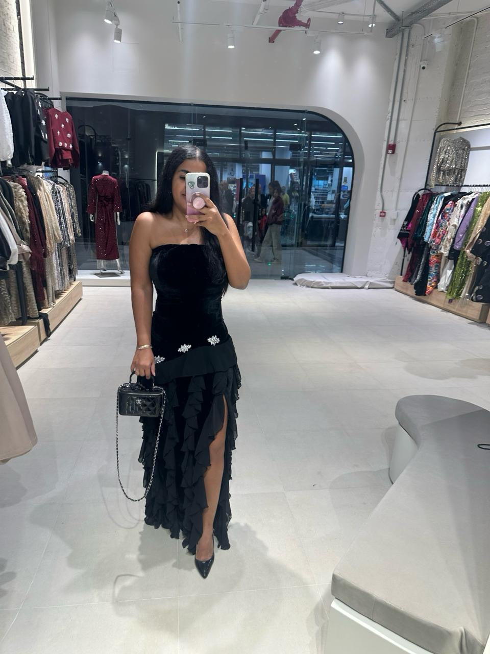 Strapless Velvet Ruffle Dress