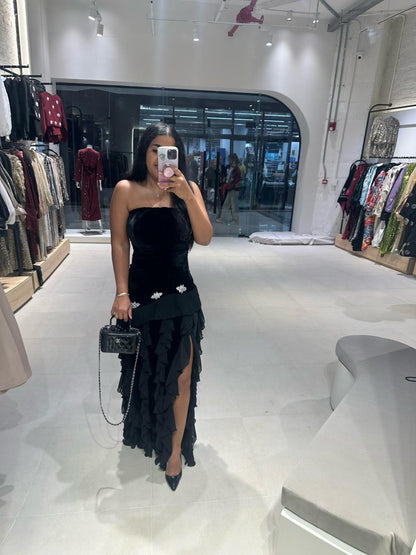 Strapless Velvet Ruffle Dress