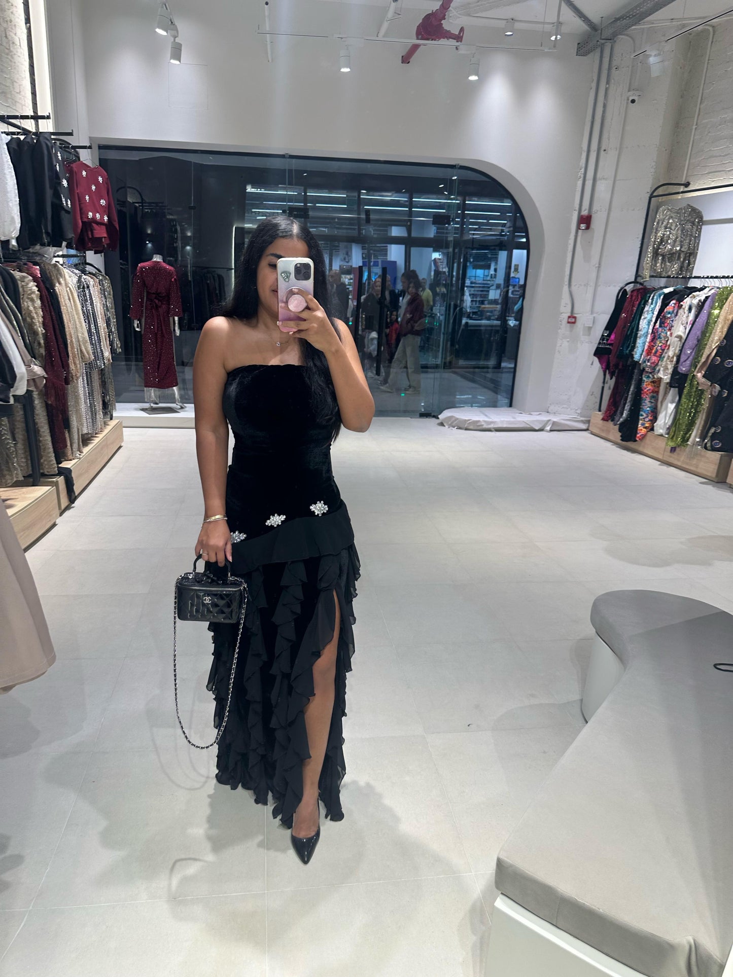 Strapless Velvet Ruffle Dress