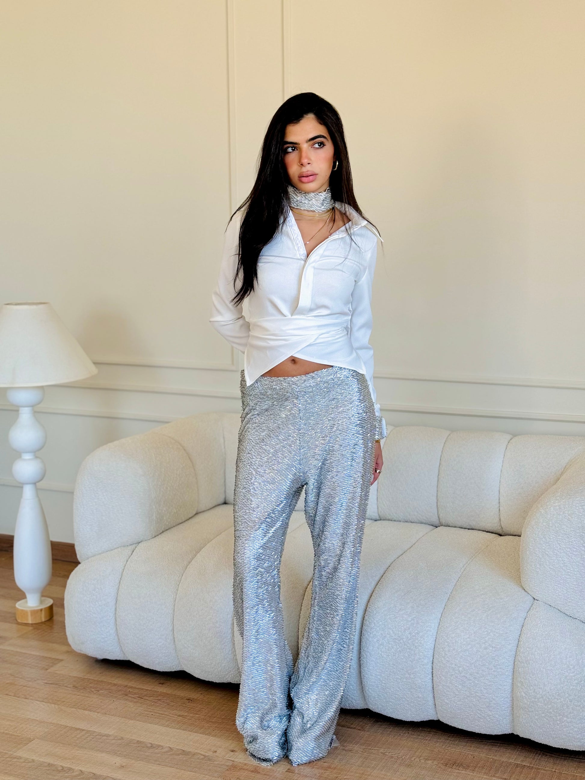 Silver Sequin White Sequin Pants Outfit Party's Here Sequin Pant