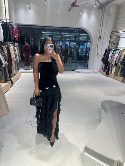 Strapless Velvet Ruffle Dress