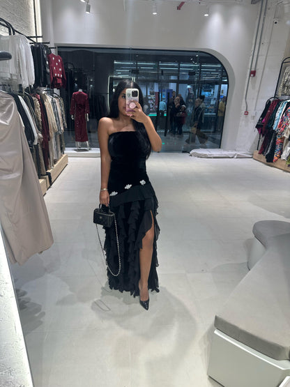 Strapless Velvet Ruffle Dress