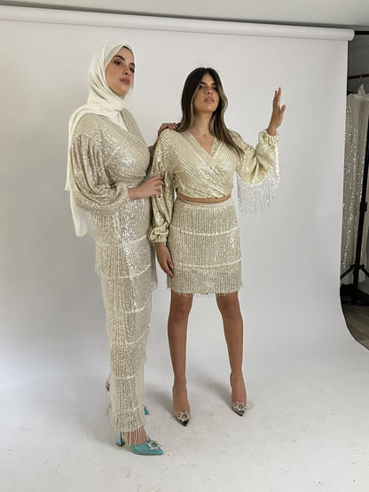 Creme Tassle Sequin Mini Skirt