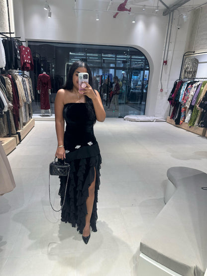 Strapless Velvet Ruffle Dress